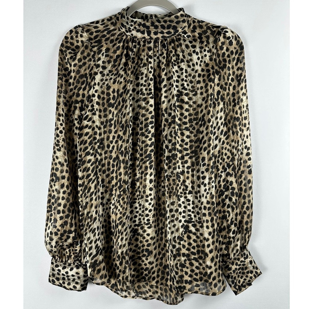 H&M Blouse M Brown Leopard Print Mock Neck Long Sleeve Mob Wife Old Money Office